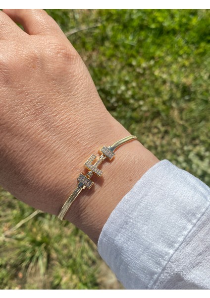 F Harfi Harf Bileklik Zirkon Taşlı Altın Renk