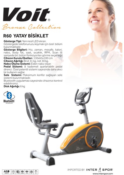 R60 Bronze Collection yatay Kondisyon Bisikleti | Bluetooth Destekli, 8 Kademe Dirençli, LED Ekranlı, Nabız Ölçerli modelleri