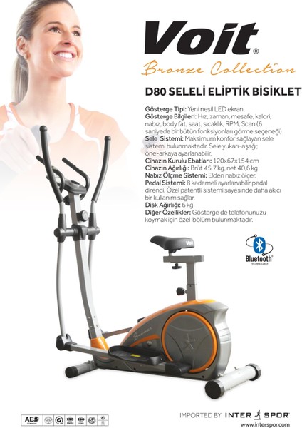 D80 Bronze Collection Seleli Eliptik Kondisyon Bisikleti | Bluetooth Destekli, 8 Kademe Dirençli, LED Göstergeli, Nabız Ölçerli