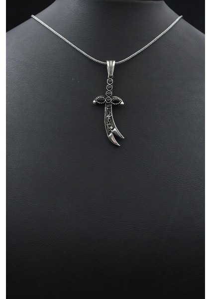 Siyah Mikro Taş Süslemeli Hz. Ali Zülfikar Kılıcı 925 Ayar Gümüş Kolye Zincir 901800 indirimleri