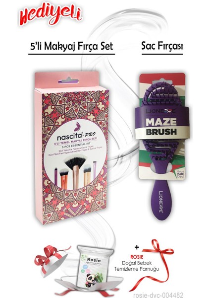 Temel Makyaj 5'li Fırça Set ve Saç Fırçası Oval Mor Rosıe