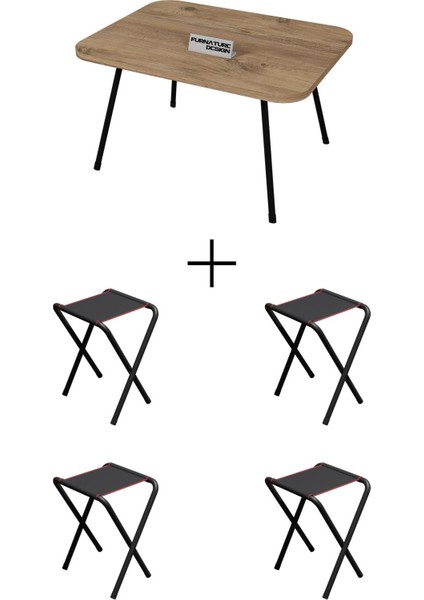 4 Adet Katlanır Kamp Taburesi ve Katlanır Kamp Masası Seti 45X60