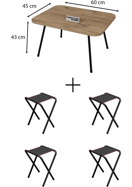 4 Adet Katlanır Kamp Taburesi ve Katlanır Kamp Masası Seti 45X60