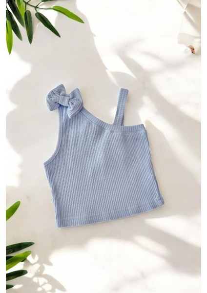 Tek Omuz Detaylı Fiyonklu Kız çocuk crop - Mavi