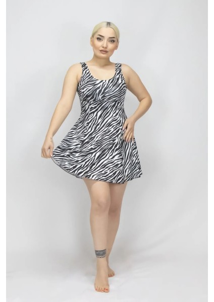 Kadın Elbise Mayo Şortlu Desenli Likra Mayo-Zebra Desen-38-52
