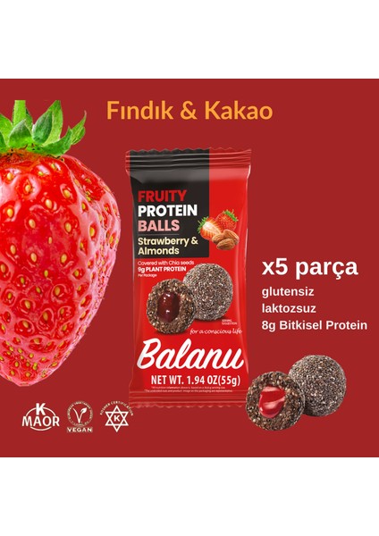 Fruity Meyveli Protein Topları Çilek Dolgulu ve Bademli Atıştırmalık 55G indirimleri