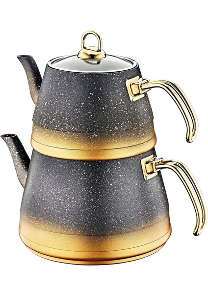 Collection - 8200 ( M ) - 4 Parça - Biogranit, İndüksiyon Taban, Çaydanlık Siyah Gold Gövde, Gold Detay