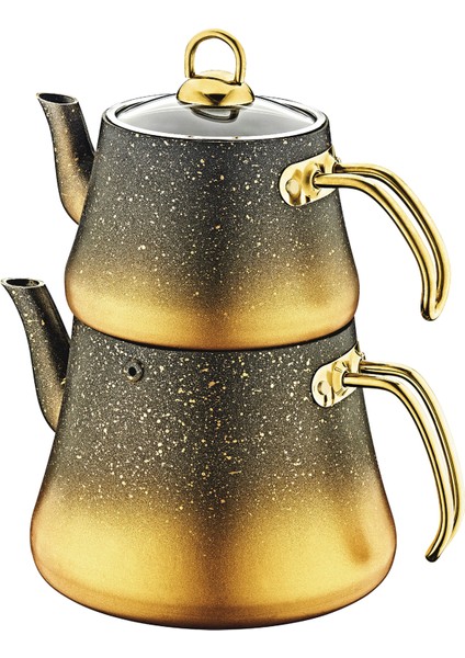 Collection - 8200 ( M ) - 4 Parça - Biogranit, İndüksiyon Taban, Çaydanlık Siyah Gold Gövde, Gold Detay