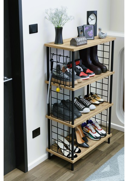 4 Katlı Metal Telli Ayakkabılık – Çevir Kur Sistemli Çok Katlı Portmanto Rafı ve Anahtarlık Askısı