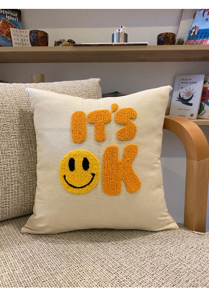 It's Ok Işlemeli Pamuklu Kırlent Yastık Kılıfı - 43*43CM - El Yapımı Yastık Kılıfı - Punch Işlemeli