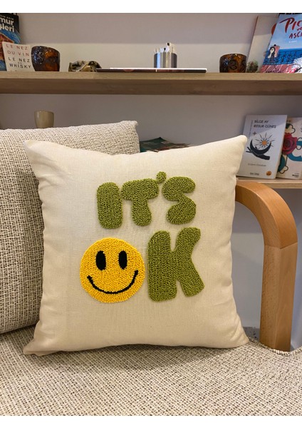 It's Ok Işlemeli Pamuklu Kırlent Yastık Kılıfı - 43*43CM - El Yapımı Yastık Kılıfı - Punch Işlemeli