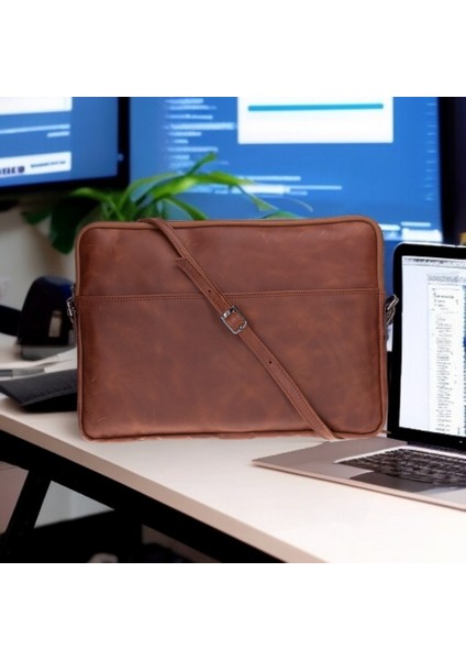 Leeds 14 Inç MacBook ve Pc Uyumlu, Deri, El Yapımı Kılıf, Karamel
