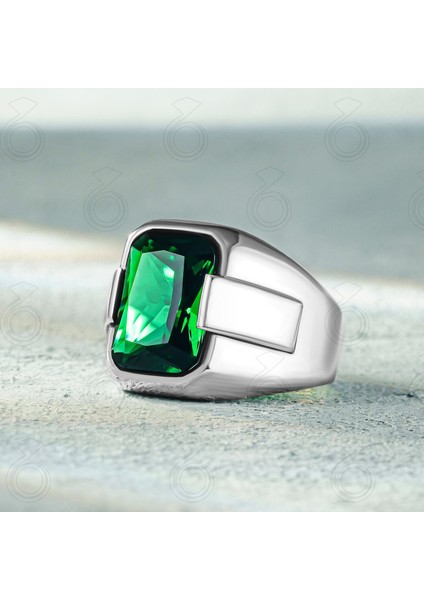 Gümüş Oktagon Kesim Yeşil Zirkon Taşlı Sade Erkek Yüzük