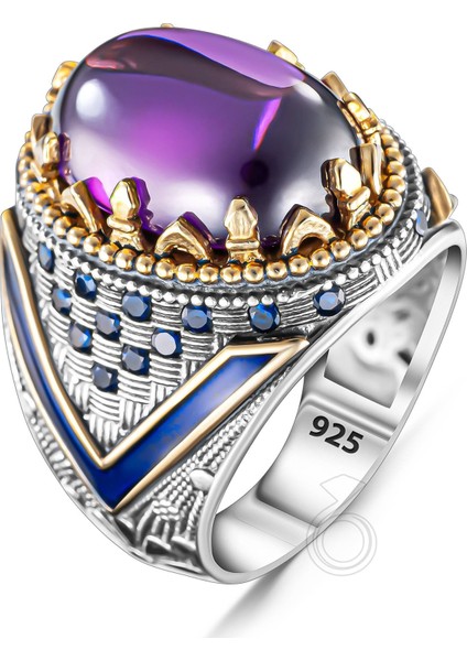 925 Ayar Gümüş Mavi Mineli Ametist Taşlı Erkek Yüzük