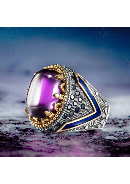 925 Ayar Gümüş Mavi Mineli Ametist Taşlı Erkek Yüzük fiyatları