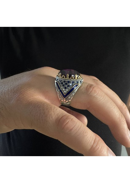 925 Ayar Gümüş Mavi Mineli Ametist Taşlı Erkek Yüzük fırsatları