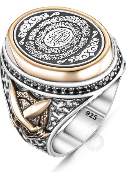 925 Ayar Gümüş Kılıç Tasarım Ayet-El Kürsi Yazılı Erkek Yüzük fiyatları