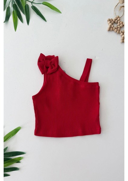 Tek Omuz Detaylı Fiyonklu Kız çocuk crop - Kırmızı