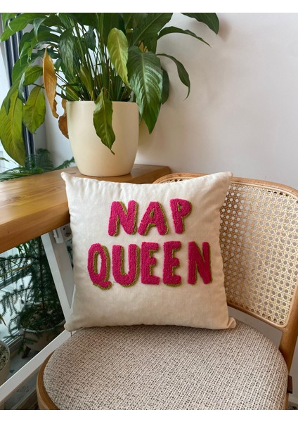 Nap Queen Punch Işemeli Pamuklu Beyaz Kırlent Yastık Kılıfı - 43*43CM - Punch Yastık Kılıfı