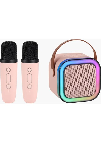 K12 Kablosuz Bluetooth Hoparlör Pembe Karaoke 2 Mikrofon Hediyeli Ses Efektli Rgb Hd Stereo Ses Usb/sd