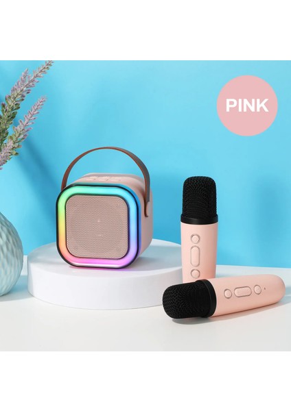 K12 Kablosuz Bluetooth Hoparlör Pembe Karaoke 2 Mikrofon Hediyeli Ses Efektli Rgb Hd Stereo Ses Usb/sd