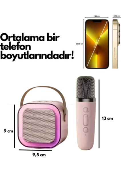 K12 Kablosuz Bluetooth Hoparlör Pembe Karaoke 2 Mikrofon Hediyeli Ses Efektli Rgb Hd Stereo Ses Usb/sd