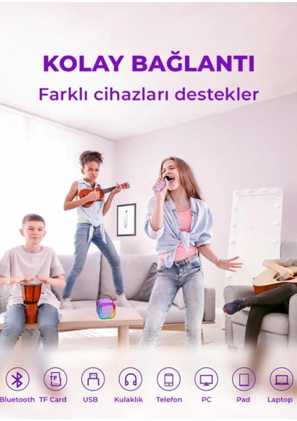 K12 Kablosuz Bluetooth Hoparlör Pembe Karaoke 2 Mikrofon Hediyeli Ses Efektli Rgb Hd Stereo Ses Usb/sd