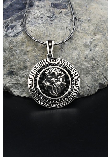 Grek Desenli Aslan Figürlü 925 Ayar Gümüş Kolye Zincir 901803