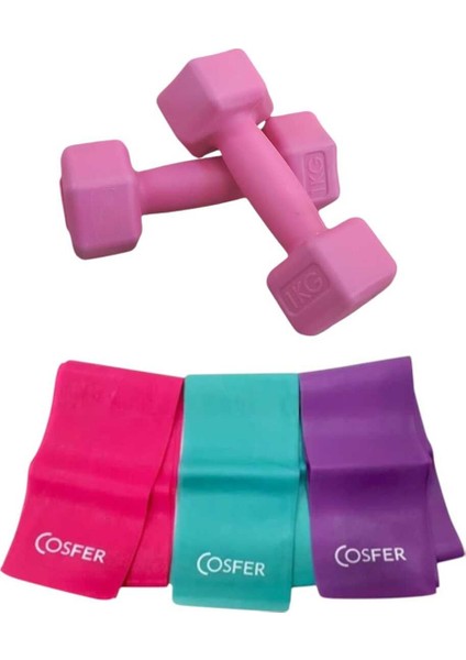 Pembe Dambıl 1 kg x 2 ve Pilates Direnç Bandı 3 Lü