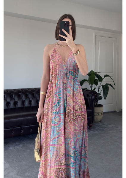 Fırfırlı Premium Desenli Elbise- Pembe