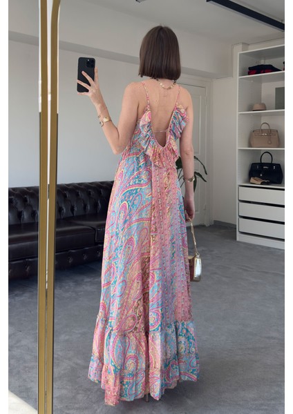 Fırfırlı Premium Desenli Elbise- Pembe