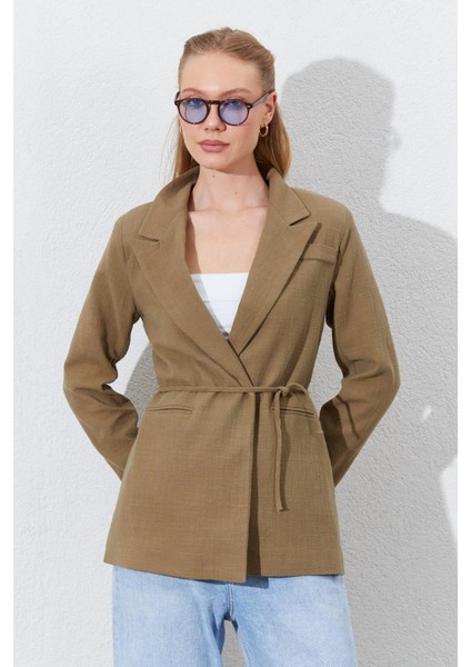 Kadın Haki Önü Bağlamalı Fleto Cepli Keten Blazer Ceket