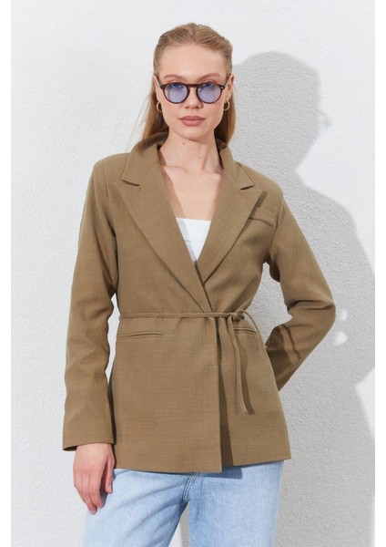 Kadın Haki Önü Bağlamalı Fleto Cepli Keten Blazer Ceket