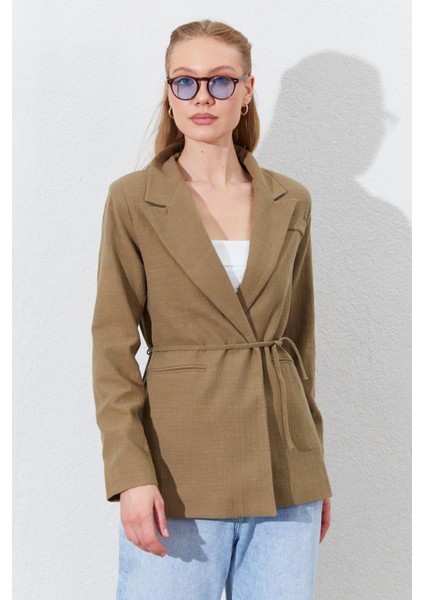 Kadın Haki Önü Bağlamalı Fleto Cepli Keten Blazer Ceket