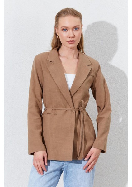 Kadın Kahve Önü Bağlamalı Fleto Cepli Keten Blazer Ceket