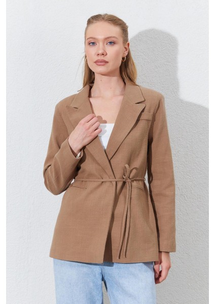 Kadın Kahve Önü Bağlamalı Fleto Cepli Keten Blazer Ceket