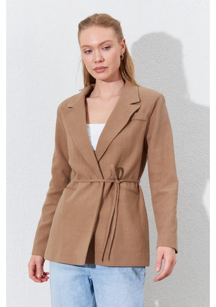 Kadın Kahve Önü Bağlamalı Fleto Cepli Keten Blazer Ceket