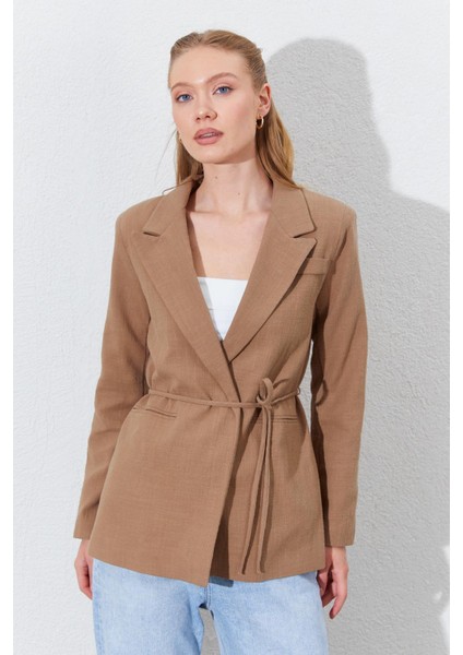 Kadın Kahve Önü Bağlamalı Fleto Cepli Keten Blazer Ceket