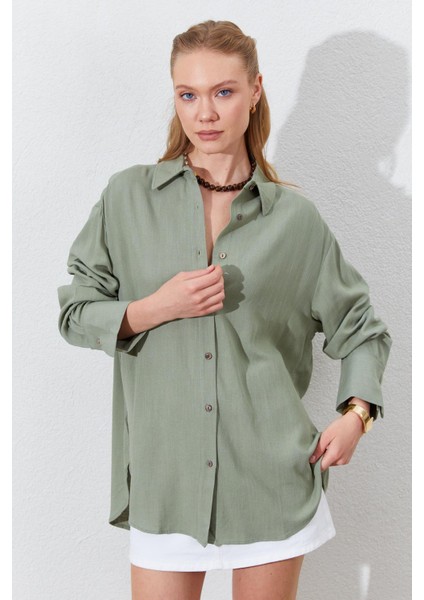 Kadın Haki Oversize Keten Gömlek