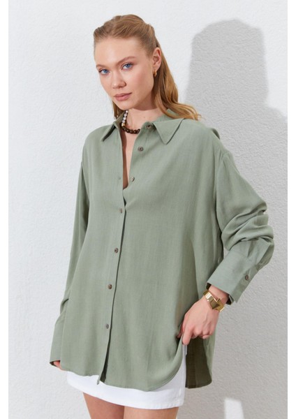 Kadın Haki Oversize Keten Gömlek modelleri
