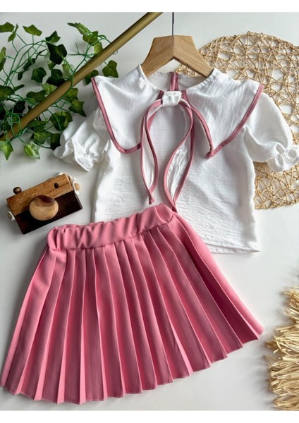 Yazlık Kısa Kollu Bluz Pileli Etek Kız Çocuk Takım