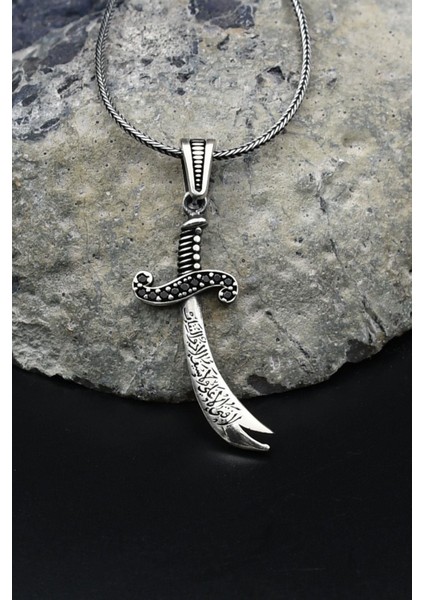 Hz. Ali Zülfikar Kılıcı Zirkon Taş Süslemeli 925 Ayar Gümüş Kolye Zincir 901804