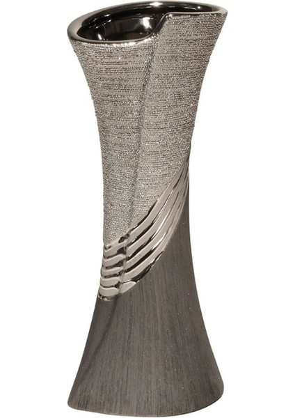 Gılde Vazo Çizgili Seramik Gri Gümüş Renkli L.11 cm W.14 cm H.39 cm