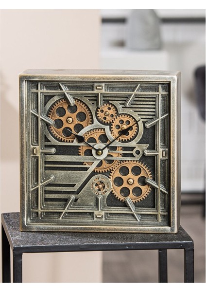 Duvar Saati Yer/masa Saati Kare Dişli Çark Metal Siyah Gümüş Renkli L.7 cm W.27 cm H.27 cm