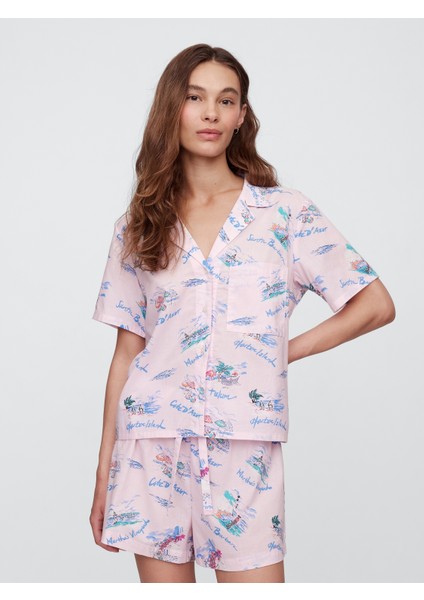 Kadın Pembe Gapbody Poplin Kısa Kollu Gömlek