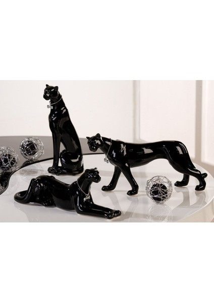 Gılde 3'lü Dekoratif Leopar Porselen Siyah Renk L.7 cm W.28 cm Y.21 cm