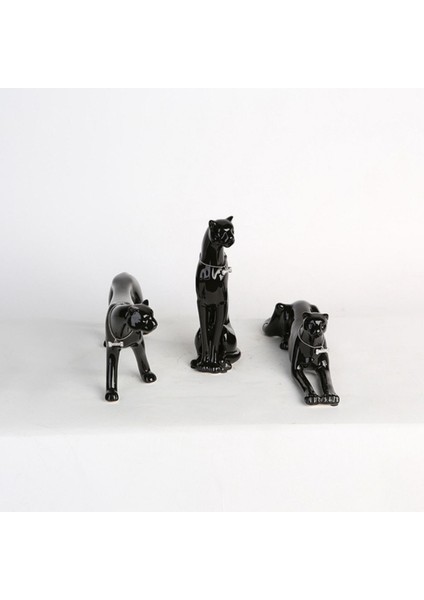 Gılde 3'lü Dekoratif Leopar Porselen Siyah Renk L.7 cm W.28 cm Y.21 cm