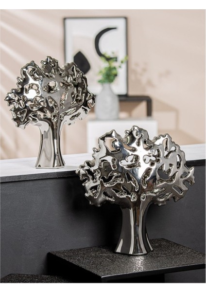 Gılde 2'lidekoratif Obje Ağaç Seramik Gümüş Renkli L.10 cm W.34 cm H.35 cm