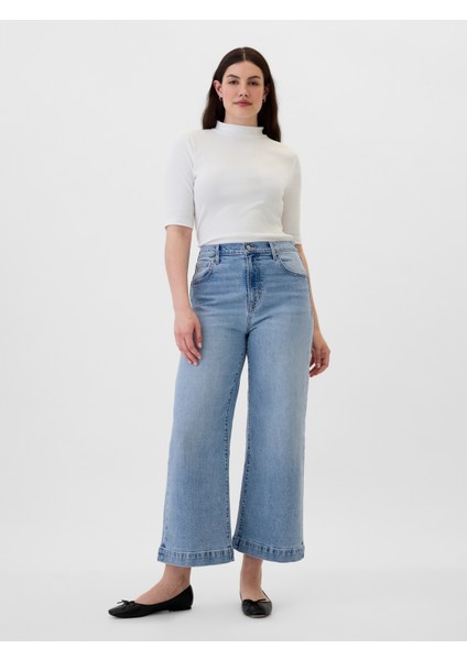 Kadın Mavi High Rise Wide-Leg Crop Jean Pantolon fırsatları