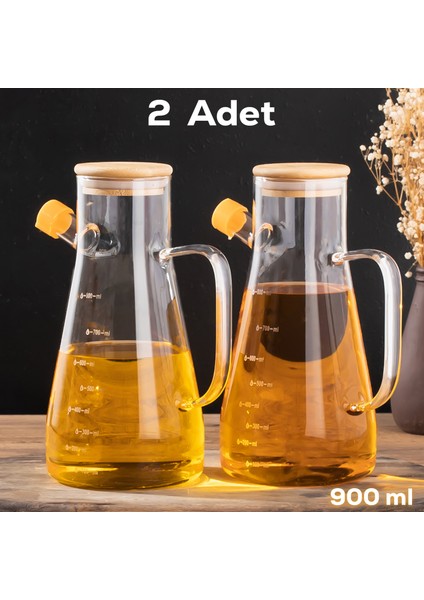 LM-0034 2'li Olivia Bambu Kapaklı Borosilikat Ölçekli Cam Yağlık Silikon Tabanlı Dereceli Yağdanlık 900 ml